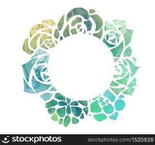 Round frame of watercolor succulents with a top view on a white background. Vector template for invitation, greeting card and your creativity. Round frame of watercolor succulents with a top view on a white background.