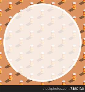 Round frame on background of seamless pattern with isometric aluminum can with orange drink. Ornament for social network page decoration. Design element. Vector