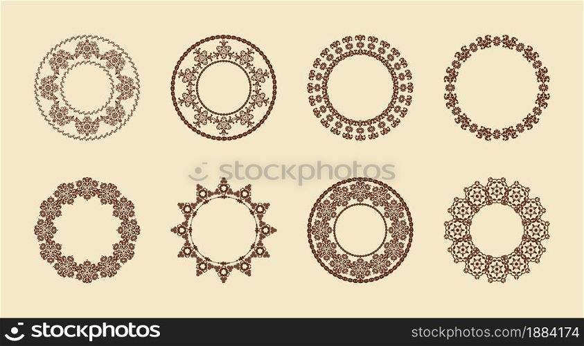 Round frame pattern.Vector set of circular ornaments borders in vintage style. Patterned lace ovals frames for design. Brown and beige. Damask patterns. Computer graphics.. Round frame pattern.Vector set of ornaments