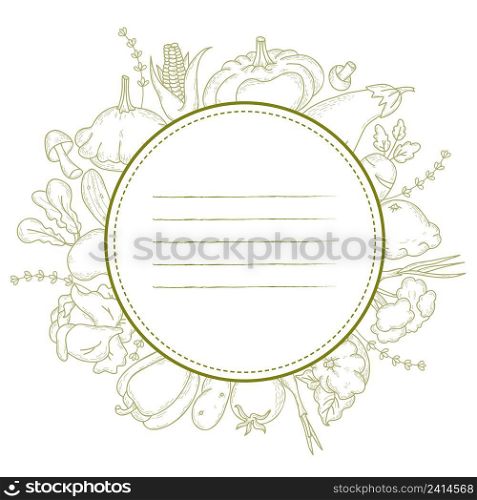 Round frame sticker made of linear hand drawn vegetables and root crops. Mushrooms, pumpkin, pepper and onion, cabbage and eggplant. Vector illustration in vintage style for menu design and decoration