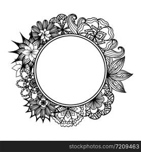 Round frame with black and white doodle flowers. Vector element for invitations, greeting cards, and your creativity. Round frame with black and white doodle flowers. Vector element
