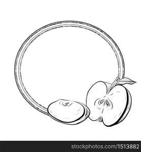 Round frame with black and white engraved illustration of apples. Hatched drawing. The object is separate from the background. Template for the menu, recipes, postcards and your creativity.. Round frame with black and white engraved illustration of apples. Hatched drawing.