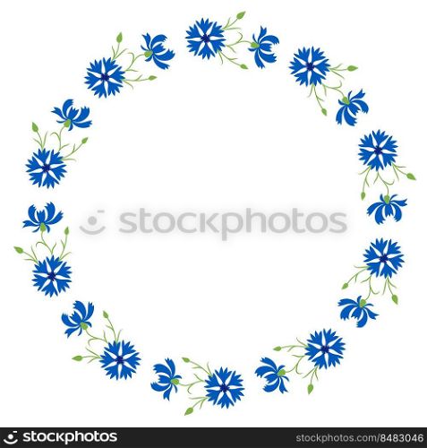 Round frame with blooming blue flowers cornflowers. Vector illustration. Postcard napkin, decoration. Floral pattern for decor, design, print and napkins