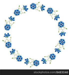 Round frame with blooming blue flowers cornflowers. Vector illustration. Postcard napkin, decoration. Floral pattern for decor, design, print and napkins