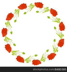 Round frame with blooming red poppy flowers. Postcard napkin, decoration. Vector illustration. Floral pattern for decor, design, print and napkins