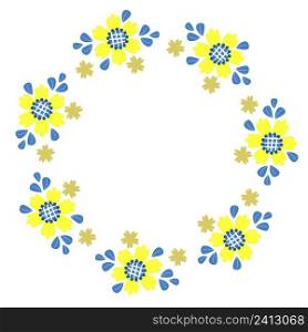 Round frame with blooming yellow flowers chamomile. Postcard napkin in yellow and blue tones, colors of Ukrainian flag. Vector illustration. Floral pattern for decor, design, print and napkins