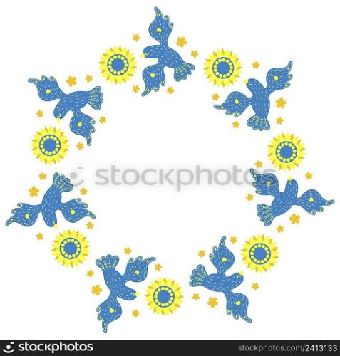 Round frame with blue birds dove and yellow flowers sunflower. napkin in yellow and blue colors, of Ukrainian flag. Vector illustration. Floral pattern for decor, design, print and napkins