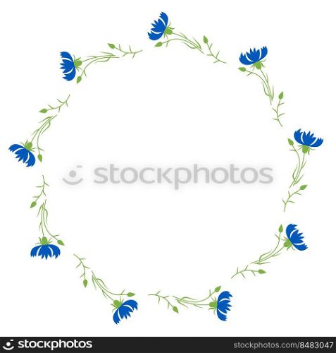 Round frame with blue flowers cornflowers. Postcard napkin, decoration. Vector illustration. Floral pattern for wedding decor, design, print and napkins