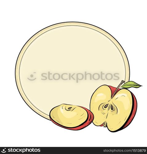 Round frame with color engraved illustration of apples. Hatched drawing. The object is separate from the background. Template for the menu, recipes, postcards and your creativity.. Round frame with color engraved illustration of apples. Hatched drawing.