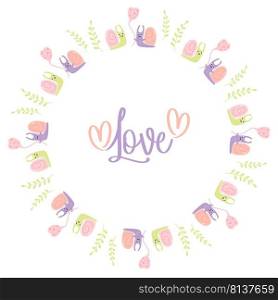 Round frame with cute pair of snails in love and slogan - Love. Vector illustration. Valentine postcard, napkin, round card, for print, decor and design
