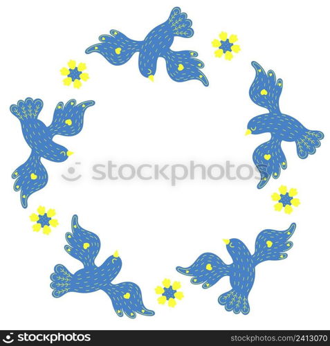 Round frame with decorative blue birds and yellow flowers. Postcard napkin in yellow and blue tones, colors of Ukrainian flag. Vector illustration. Floral pattern for decor, design, print and napkins