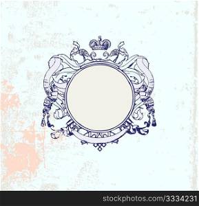 round frame with floral ornament and crown. Grunge background. Blank so you can add your own images. Vector illustration.