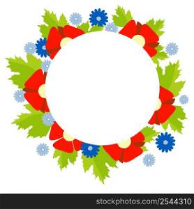 Round frame with floral pattern of decorative red poppies and blue cornflowers with white spot in center. Vector illustration. For design, decor, covers and banners, Design projects and cards