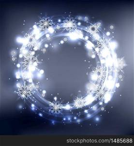 Round frame with glowing sparks and snowflakes on a blurred background with place for text. Vector element for your design. Round frame with glowing sparks and snowflakes on a blurred back