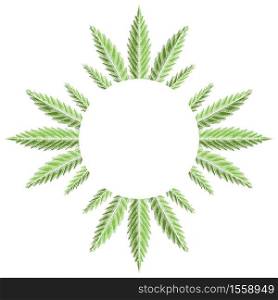 Round frame with green leaves of marijuana with hatching. The object is separate from the background. Vector engraving template for menus, articles, cards and your creativity. Round frame with green leaves of marijuana with hatching. The object is separate from the background.