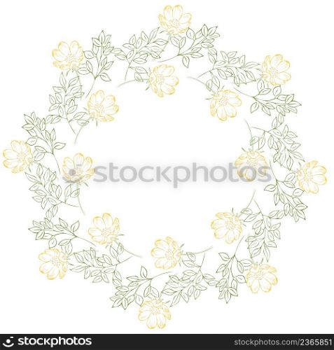 Round frame with hand drawn leaves and flowers. Circular template with place for text. Spring floral rim vector illustration