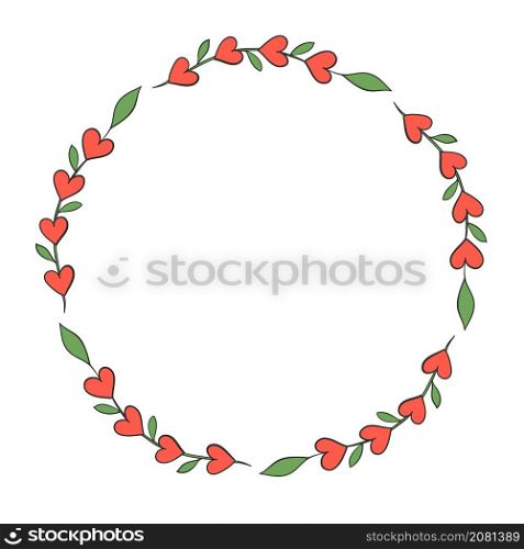 round frame with heart and green leaves branch for love valentine card design
