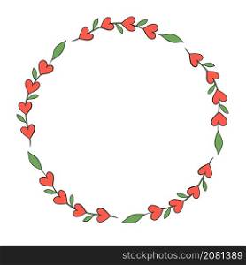 round frame with heart and green leaves branch for love valentine card design