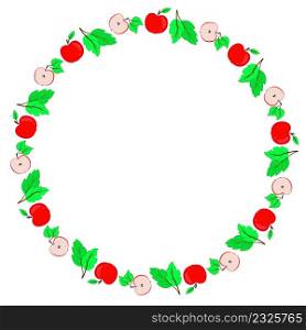 Round frame with leaves and apples. Circular fruit template with place for text. Circle apple rim vector illustration