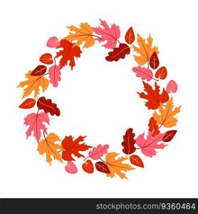 Round frame with orange, pink and yellow leaves. Bright autumn wreath with empty space for text. Vector illustration. Round frame with orange, pink and yellow leaves. Bright autumn wreath with empty space for text