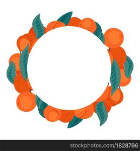 Round frame with peach, apricot, foliage, stems and place for text. Circle border with summer cartoon sweet berries for the menu. Vector flat template with fruits, leaves and copy space for cards. Round frame with peach, apricot, foliage, stems and place for text. Circle border with summer cartoon sweet berries for the menu. Vector flat template