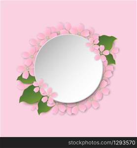 Round frame with sakura blossom and space for text, paper cut style template, Vector illustration