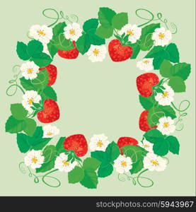 Round frame with Strawberries, flowers and leaves isolated on gray background.