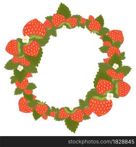 Round frame with strawberries, foliage, flowers and place for text. Circle border with summer berries for the menu. Vector template with fruits, leaves and copy space for cards.. Round frame with strawberries, foliage, flowers and place for text. Circle border with summer berries for the menu. Vector template