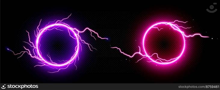 Round frames of electric lightning with sparks and neon glow. Pink and purple sparking discharge in circle shape. Empty banner template with abstract thunder bolt border, vector realistic set. Round frames of electric lightning with neon glow