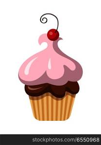 Round fruit cupcake with one cherry on top of it. Sweets. Baked cake with chocolate filling and pink airy cream in simple cartoon style. Light baking form. Side view of colourful bun. Vector. Sweets. Fruit Cupcake with Whipped Cream, Cherry