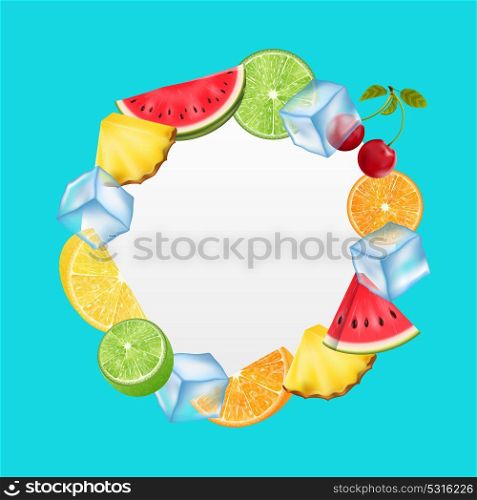 Round Fruit Frame with Ice Cubes, Pineapple, Watermelon, Cherry, Orange,. Round Fruit Frame with Ice Cubes, Pineapple, Watermelon, Cherry, Orange, Lemon, Lime, Summer Card - Illustration Vector