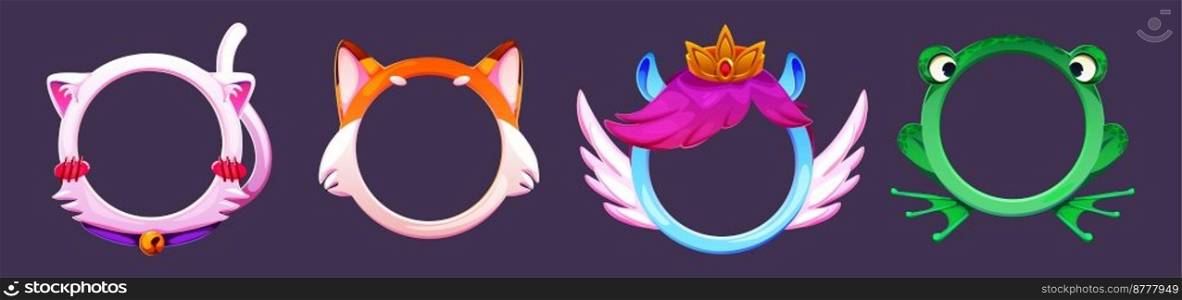 Round game avatars with animal characters design. Set of cute colorful borders with fantasy cat tail, fox ears, frog eyes and magic pony wings and crown decor elements. Cartoon vector illustration. Round game avatars with animal characters design