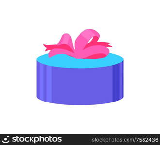 Round gift box with pink bow, wedding presents packaging in blue color. Vector giftbox with surprise, paperbox with satin tape, isolated icon on white. Pink Gift Box Side View Vector Present in Wrapping