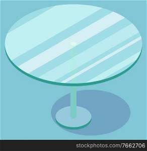 Round glass transparent coffee table with patch of reflected light on surface. Crystalline furniture piece for kitchen or living room vector illustration. Round Glass Coffee Table, Furniture Vector Image