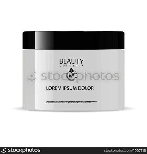 Round glossy white glass cosmetic jar with black lid for body cream, gel, butter, bath salt, skin care, powder. Realistic cosmetics packaging mockup template. Vector illustration.. Round glossy white glass cosmetic jar. Black lid