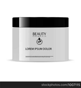 Round glossy white glass cosmetic jar with black lid for body cream, gel, butter, bath salt, skin care, powder. Realistic cosmetics packaging mockup template. Vector illustration.. Round glossy white glass cosmetic jar. Black lid