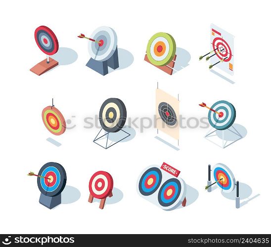 Round goals. Business performance dartboard games successful goals for sport archery and arrows garish vector isometric illustrations. Goal and dartboard, accurate targeting to target. Round goals. Business performance dartboard games successful goals for sport archery and arrows garish vector isometric illustrations