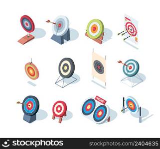 Round goals. Business performance dartboard games successful goals for sport archery and arrows garish vector isometric illustrations. Goal and dartboard, accurate targeting to target. Round goals. Business performance dartboard games successful goals for sport archery and arrows garish vector isometric illustrations