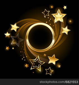 Round golden banner with gold, shining stars on a black background.&#xA;