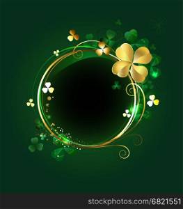 round golden banner with shamrocks and clover with four leaves on a green background.