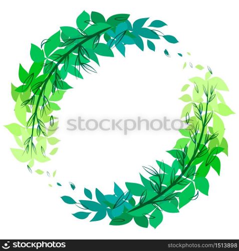 Round green wreath of leaves with doodle branches. The object is separate from the background. Vector flat element for invitation cards, greeting cards and your design. Round green wreath of leaves with doodle branches. The object is separate from the background