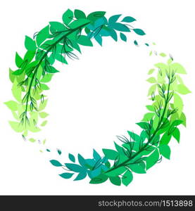 Round green wreath of leaves with doodle branches. The object is separate from the background. Vector flat element for invitation cards, greeting cards and your design. Round green wreath of leaves with doodle branches. The object is separate from the background