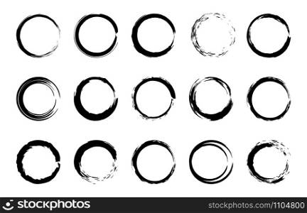 Round grunge brush frames. Circle and stamp brush stroke borders, artistic brush blots and black paint frame design vector isolated elements set. Grungy dry brushstroke rings, stains, smears. Round grunge brush frames. Circle and stamp brush stroke borders, artistic brush blots and black paint frame design vector isolated elements set. Collection of paintbrush rings on white background