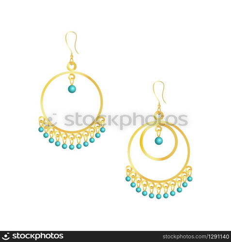 Round handmade earrings with small beads. Elegant gold and azure colors. Isolated vector illustration on white background. Round handmade earrings isolated on white background