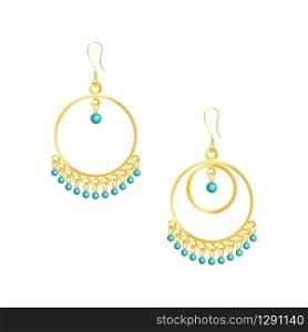 Round handmade earrings with small beads. Elegant gold and azure colors. Isolated vector illustration on white background. Round handmade earrings isolated on white background