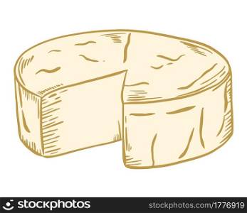 Round head of hard cheese, vector. Dairy product, production and sale. Hand drawing. Colored yellow piece of cheese.. Round head of hard cheese, vector. Dairy product. Hand drawing. Colored yellow piece of cheese.