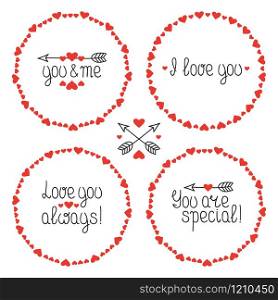 Round Heart Frame. I Love You. Romantic Labels Badges. Hand Drawn Decorative Element. Love Phrase. Heart. Lettering, Calligraphy. Vector Illustration. Round Heart Frame. I Love You. Romantic Labels Badges. Hand Drawn Decorative Element. Love Phrase. Heart. Lettering, Calligraphy. Vector Illustration.