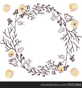 Round herbal composition with tulips. White background. Home decoration, poster, banner, print, textile design element. Vector illustration. . Round herbal garland decorated with tulips.