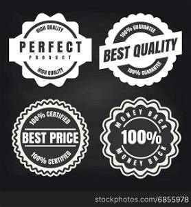 Round high quality products labels set. Round labels and stickers on black background. Vector high quality products labels set