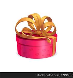 Round holiday gift with golden bow, vector pink box, present wrapped with sumptuous ribbon. Isolated cartoon giftbox for festive event Christmas, Valentine Day, Birthday or New Year celebration. Round holiday gift with golden bow, vector box